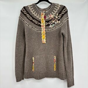 Free People Boho Fair Isle Nordic Cozy Embroidered Wool Angora Sweater Small